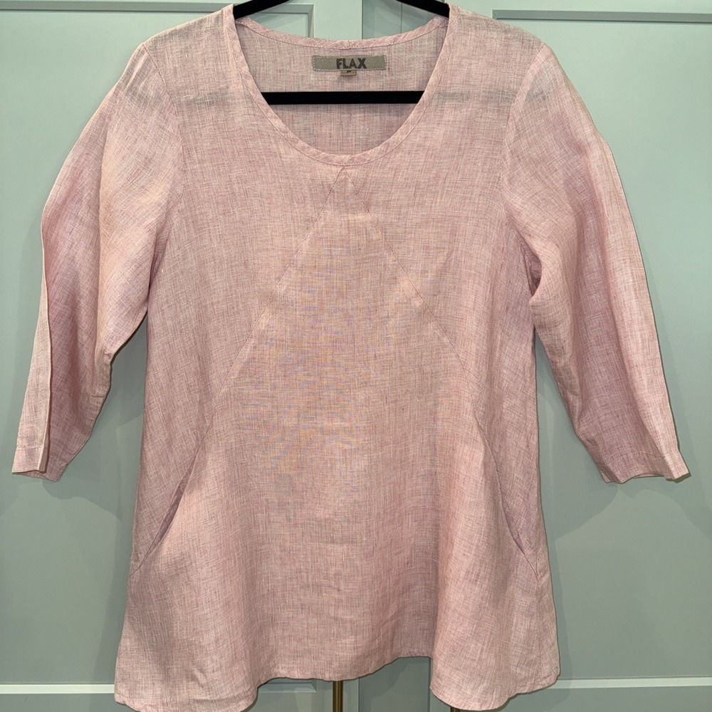 FLAX 100% Linen Womes Pink 3/4 Sleeve Tunic Top Size 4/6 Pockets Round Neck
